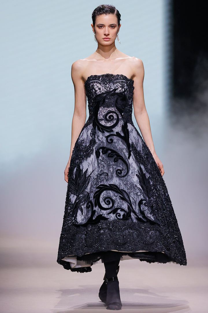 Strapless Sculptural Lace with Appliqué Midi Dress