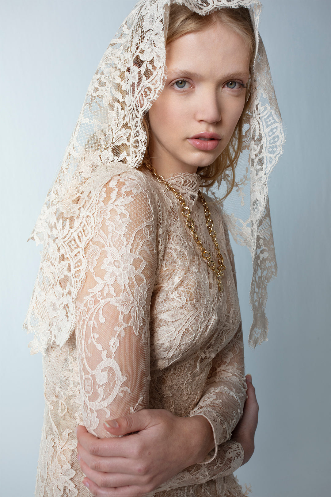 Midi Wedding Dress with Fitted Long Sleeves  and French Lace