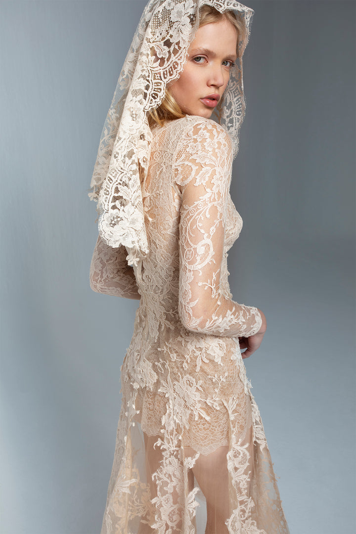 Midi Wedding Dress with Fitted Long Sleeves  and French Lace