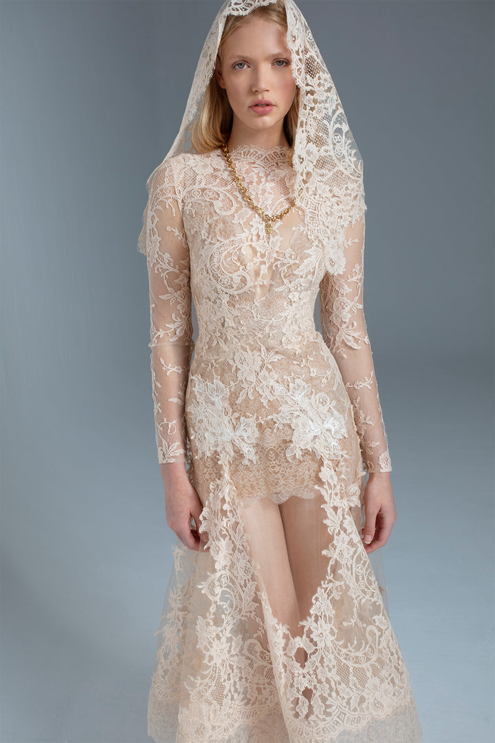 Midi Wedding Dress with Fitted Long Sleeves  and French Lace