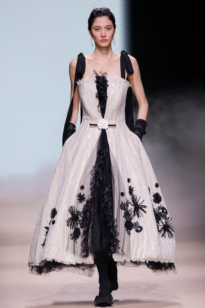 Tweed Effect with Sleeveless Floral Appliqué Midi Dress