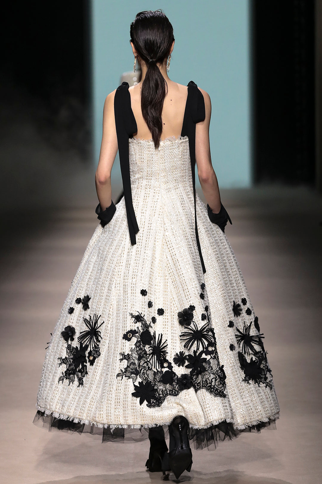 Tweed Effect with Sleeveless Floral Appliqué Midi Dress
