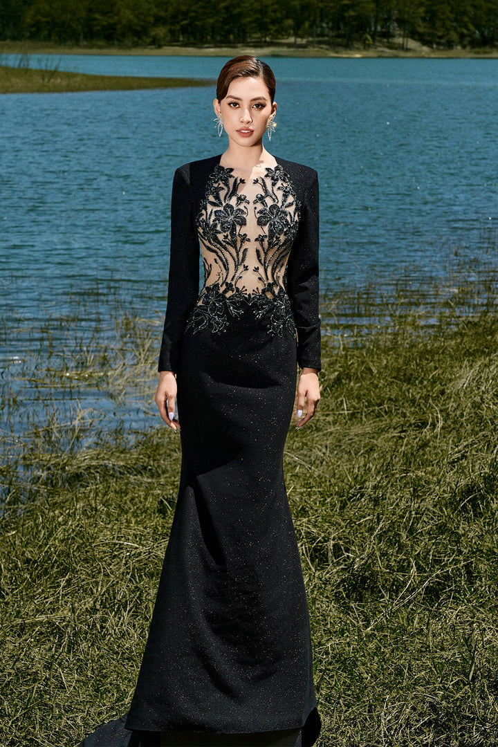 Embroidered Black Mermaid Gown