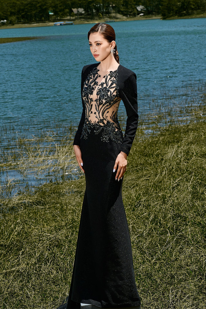 Embroidered Black Mermaid Gown