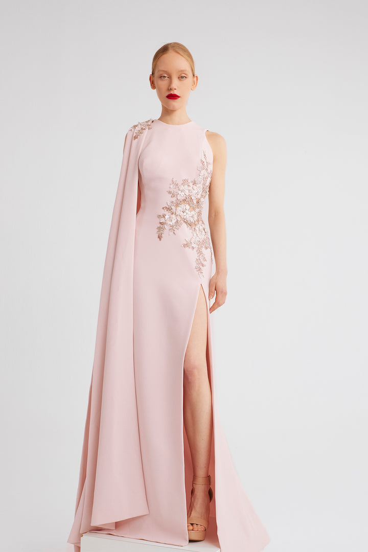 Embellished Cape Gown with Floral Accents