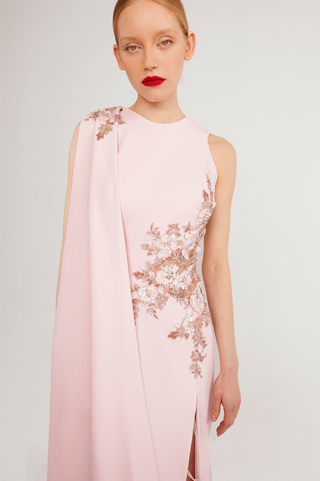 Embellished Cape Gown with Floral Accents