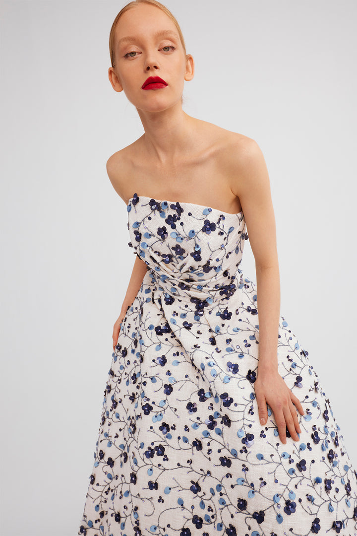 Embroidered Strapless Midi Dress with Matching Cropped Jacket