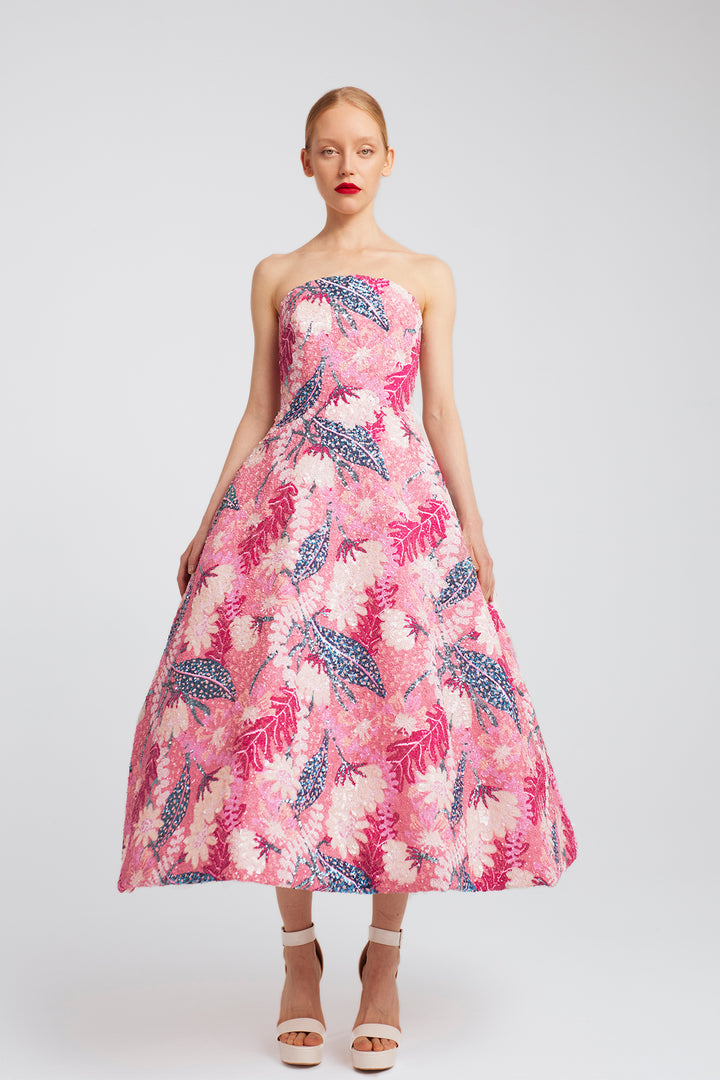 Strapless Midi Dress with Leaf Motif