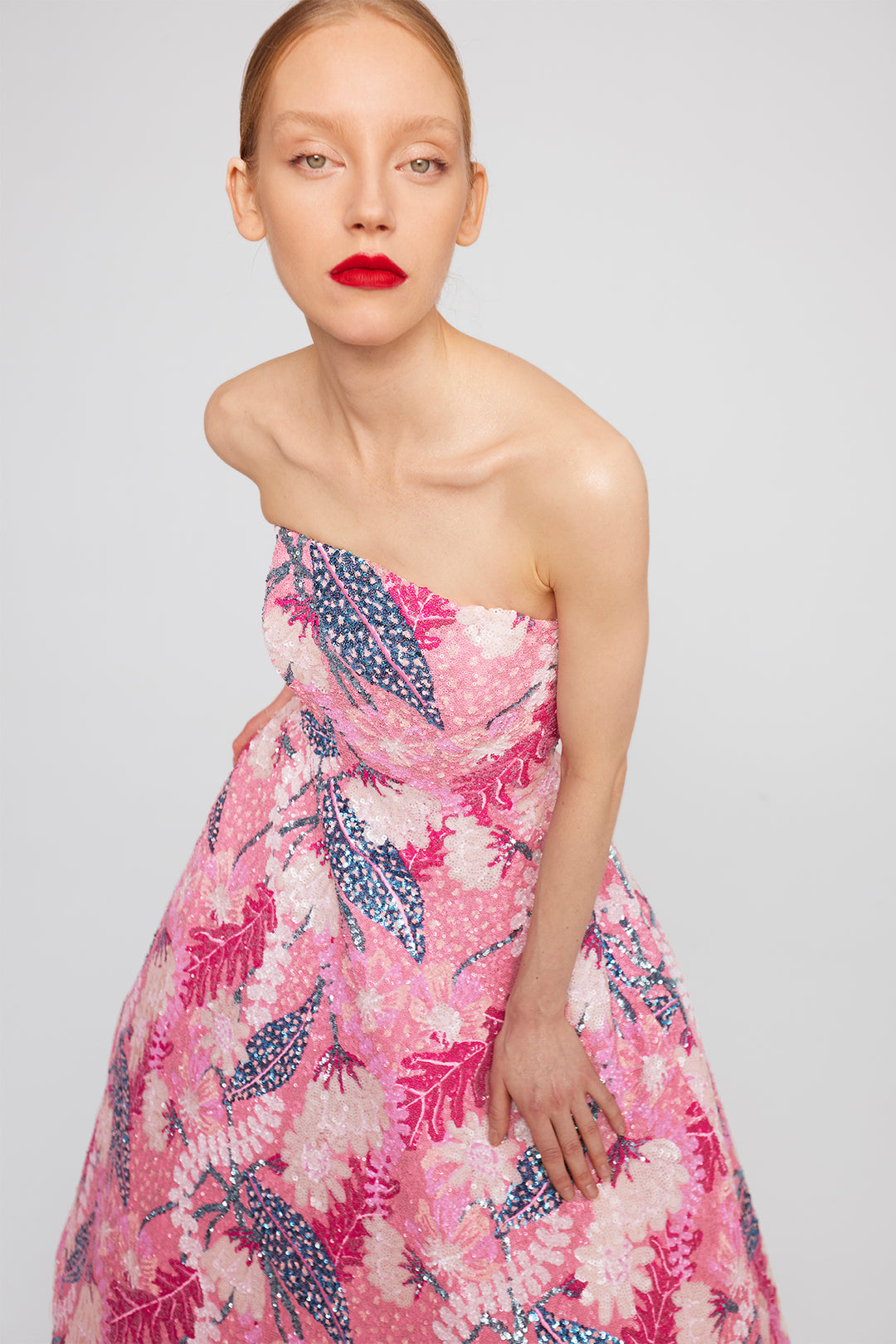 Strapless Midi Dress with Leaf Motif