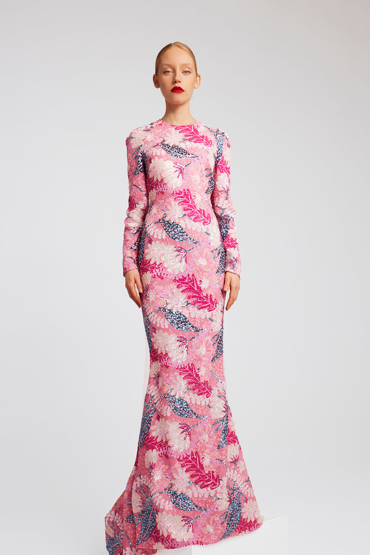 Long-Sleeve Mermaid Dress with Leaf Motif