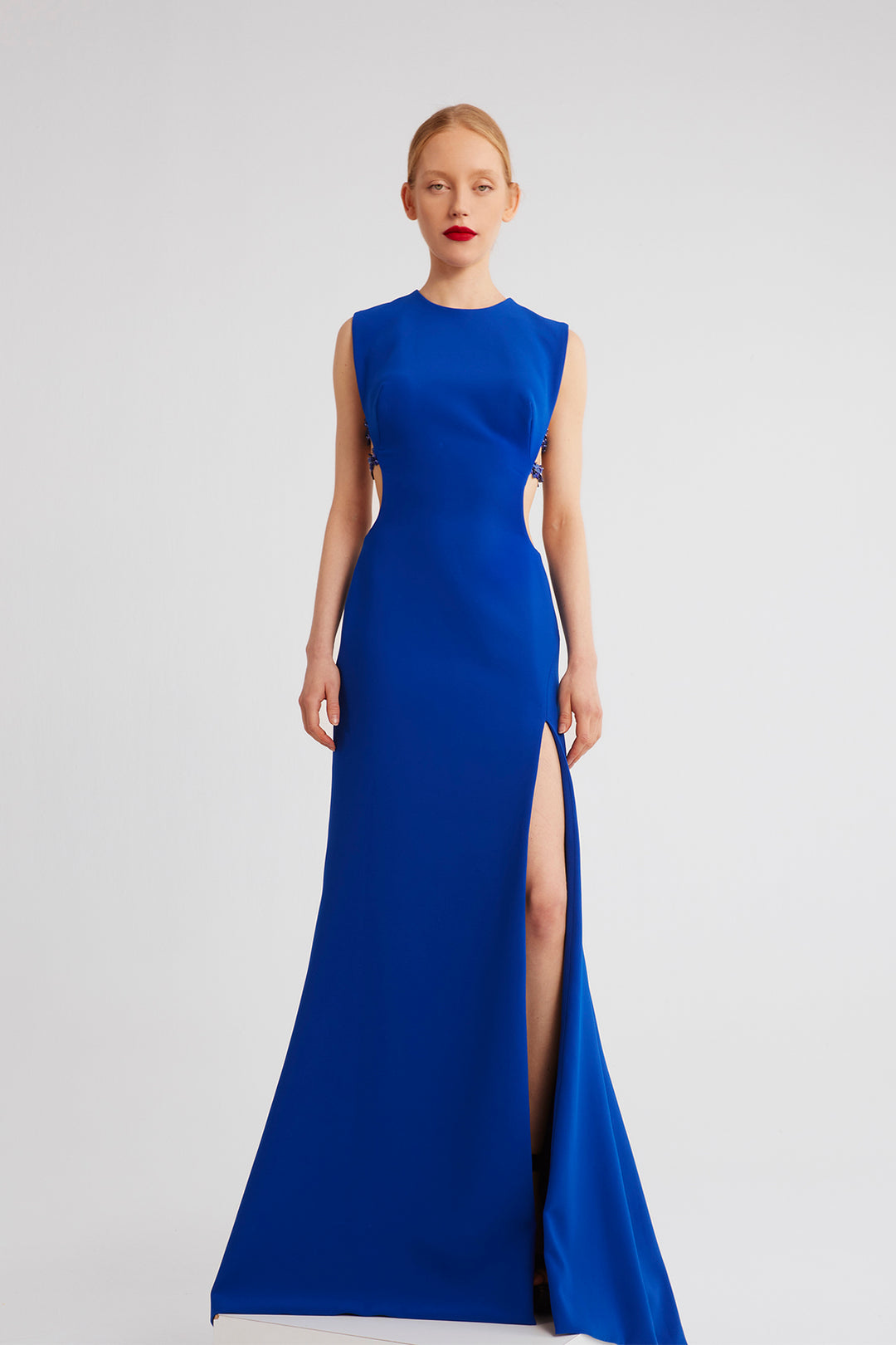 Front-Slit Dress with Side Ribbon Accents Royal Blue / FR 40