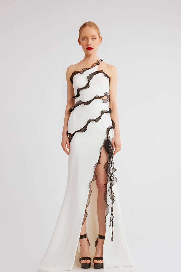 Strapless Column Dress with Cascading Spiral Ruffles