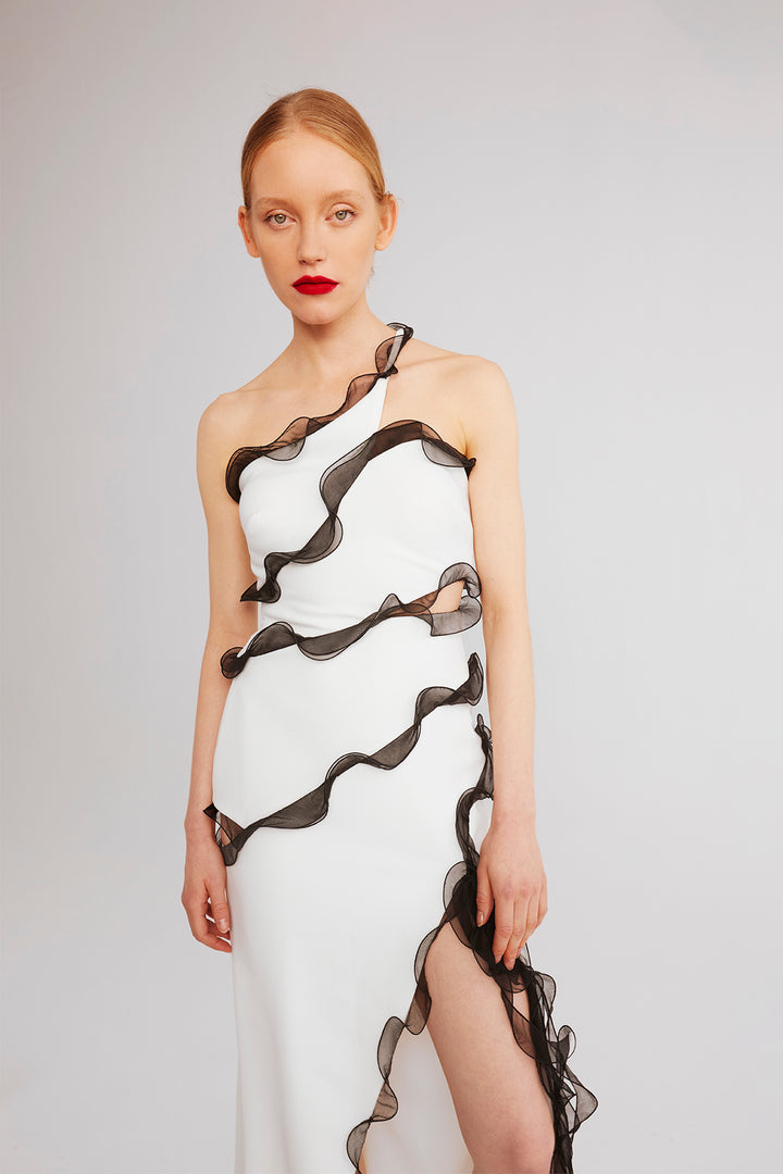 Strapless Column Dress with Cascading Spiral Ruffles