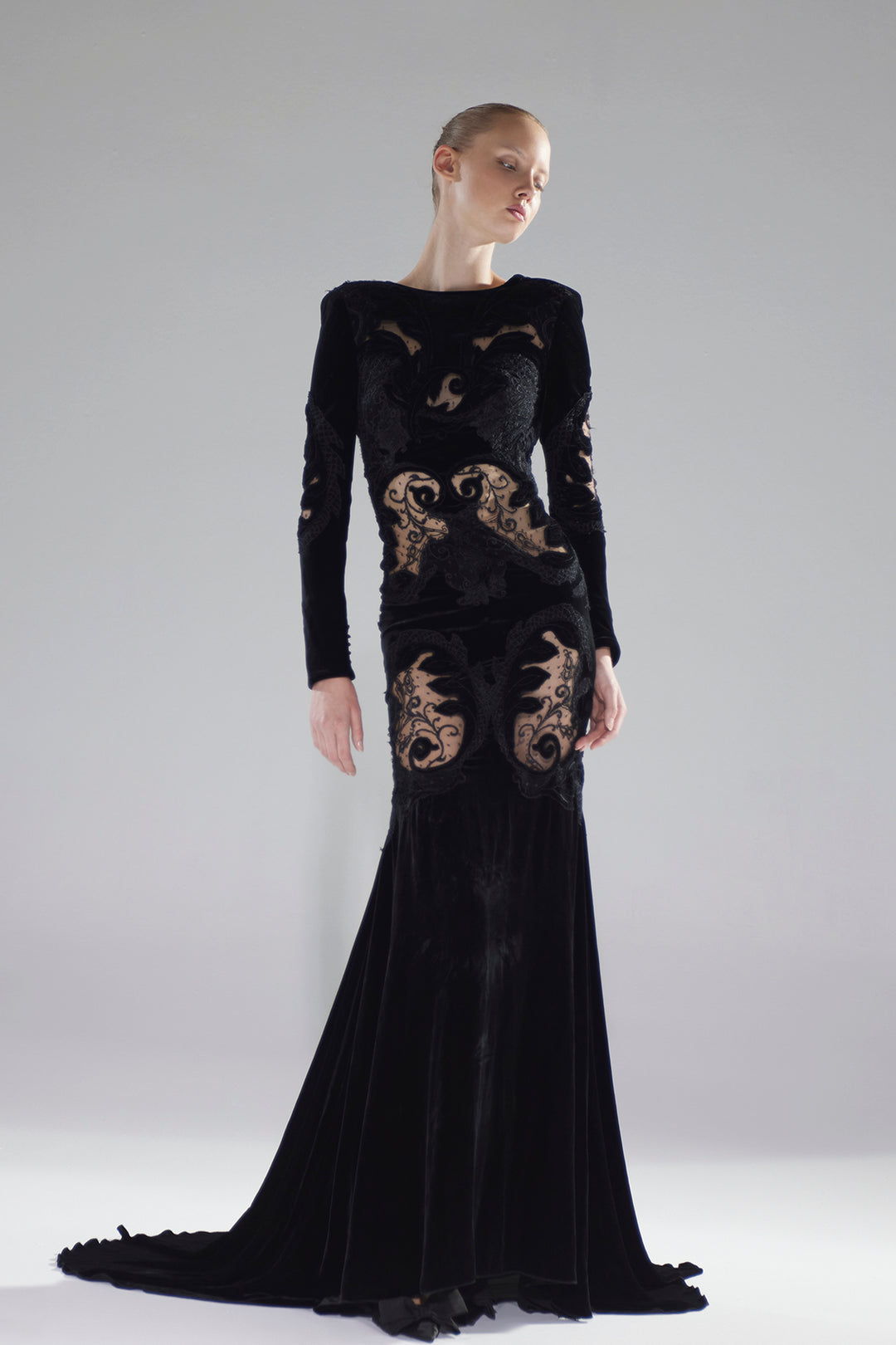 Black Velvet Gown with Sheer Embroidery and Open Back Black / FR 48 Black Velvet Gown with Sheer Embroidery and Open Back Black / FR 48