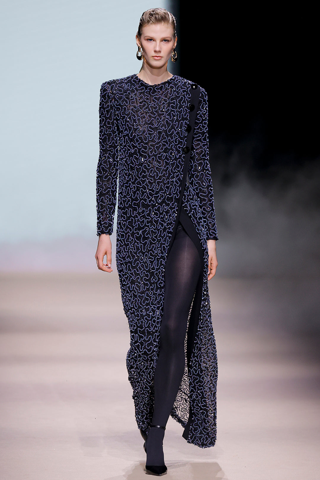 Long-Sleeve Sequin Mesh Column Dress with Side Slit