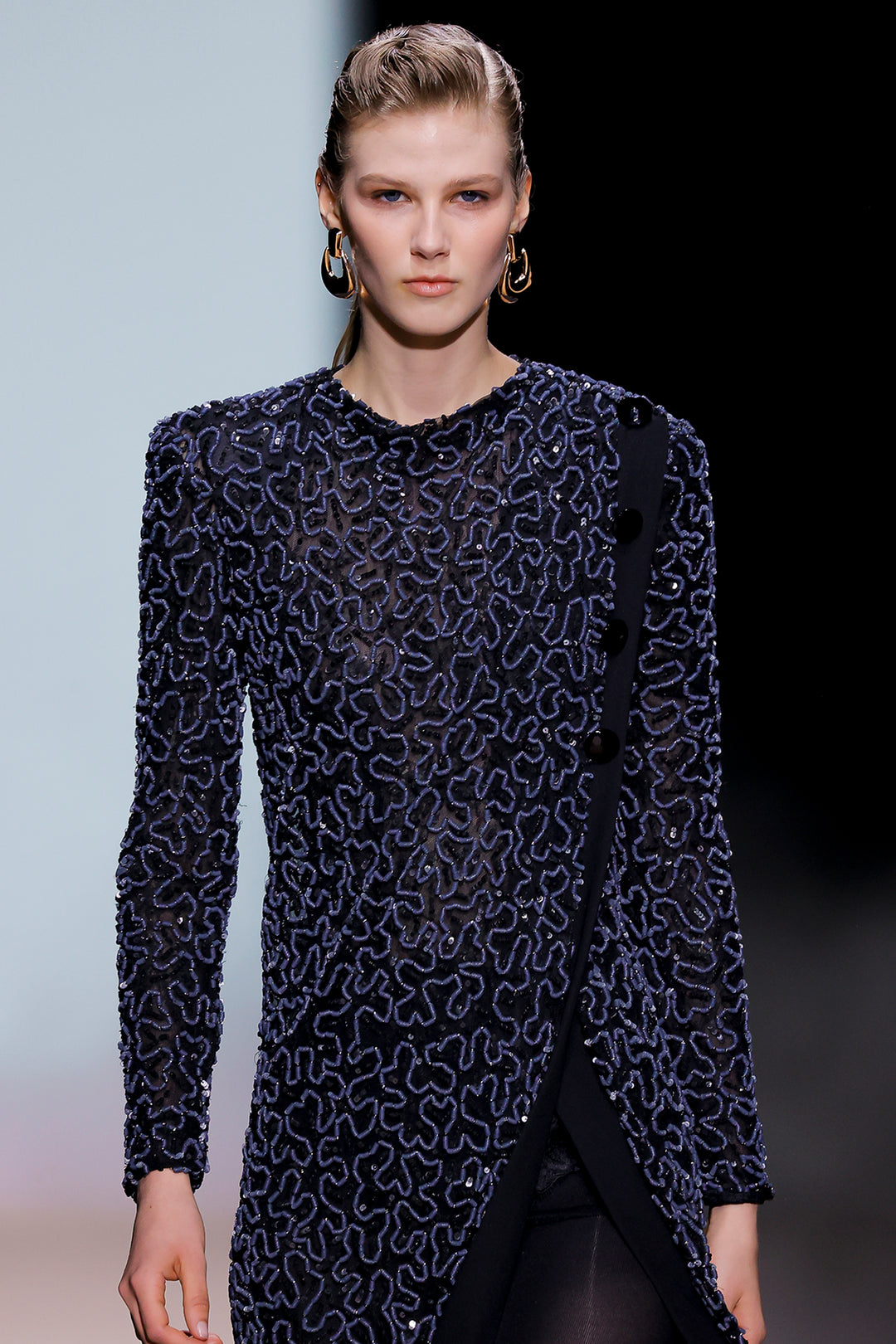 Long-Sleeve Sequin Mesh Column Dress with Side Slit