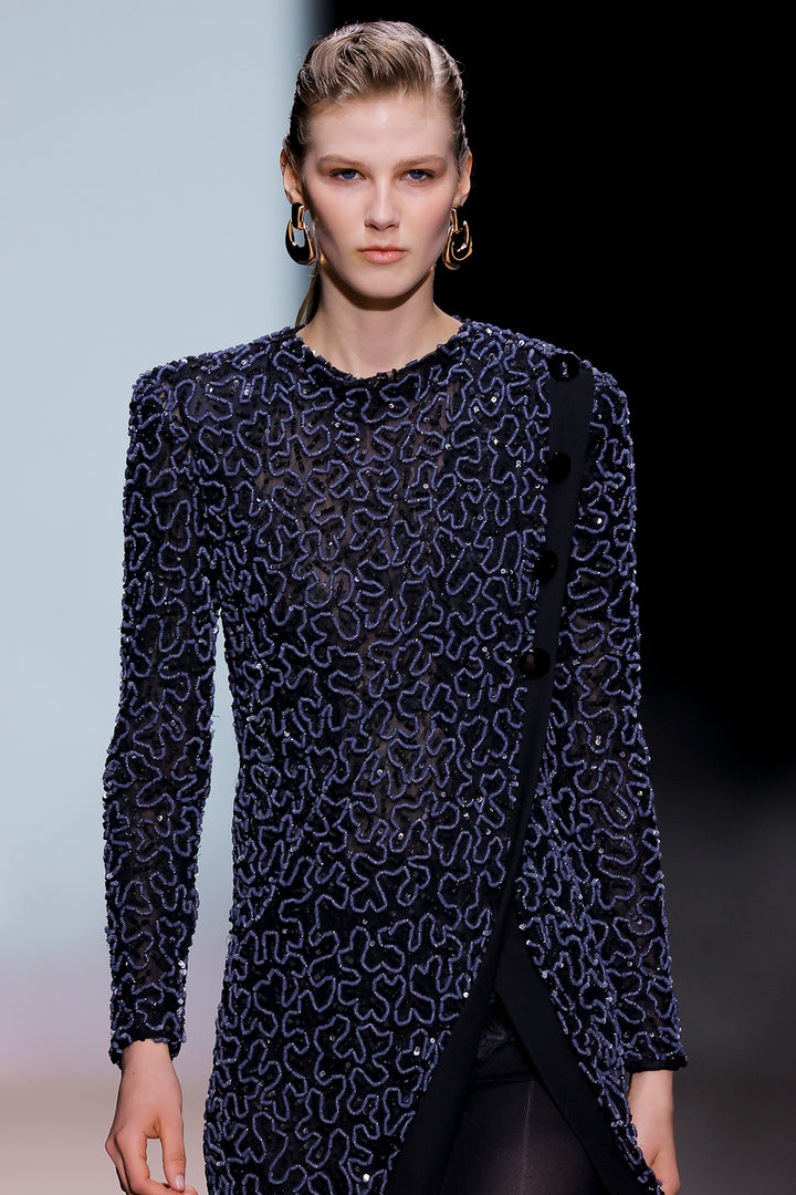 Long-Sleeve Sequin Mesh Column Dress with Side Slit