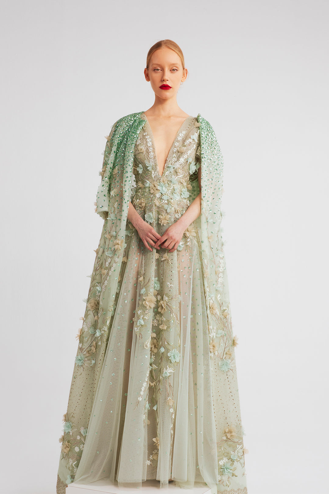 Floral Embriodered Tulle Gown with Coat Green / FR 32 Floral Embriodered Tulle Gown with Coat Green / FR 32