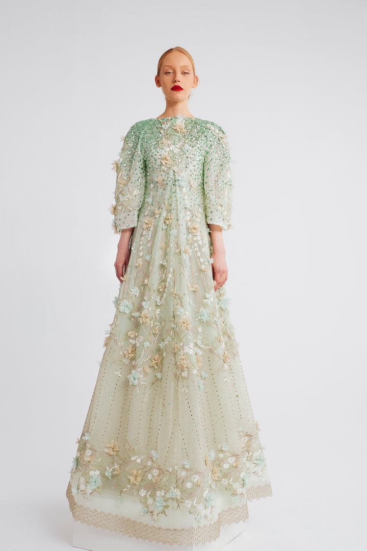 V-Neck Dress with Cape Sleeves and Floral Embellishments