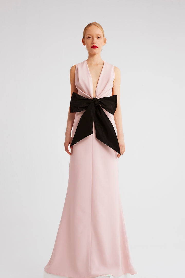 Plunging V-Neck Dress with Sash Bow and Trumpet Silhouette