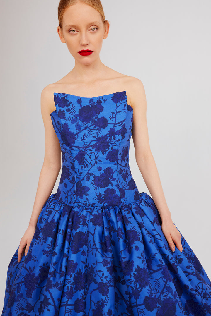 Strapless Ball Dress with Angular Bodice and Gathered Skirt