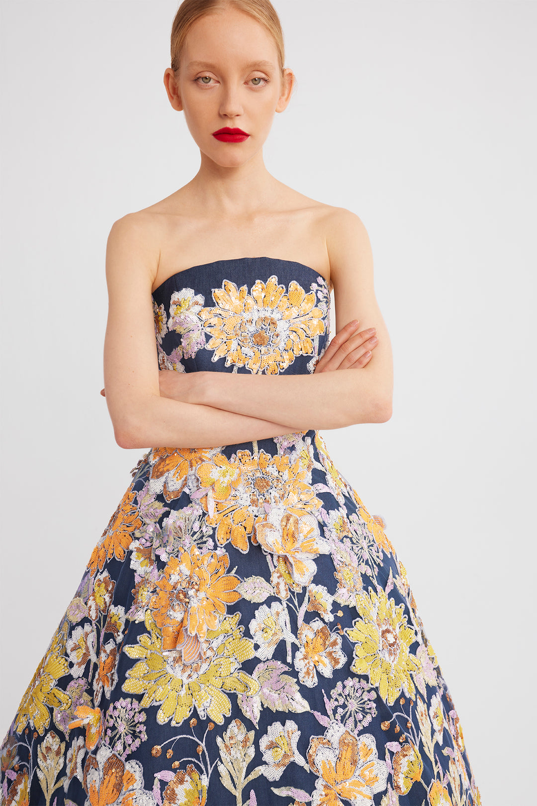 Strapless Ball Dress with Scalloped Hem and Embroidered Details