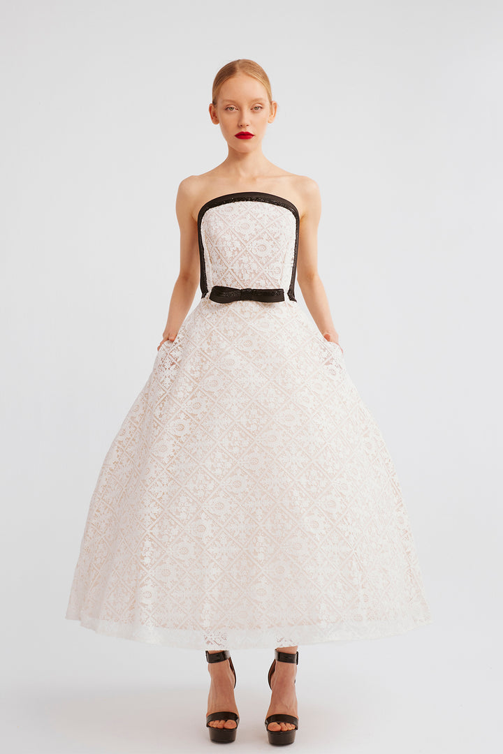 Lace Ball Dress with Black Trim and Side Pockets