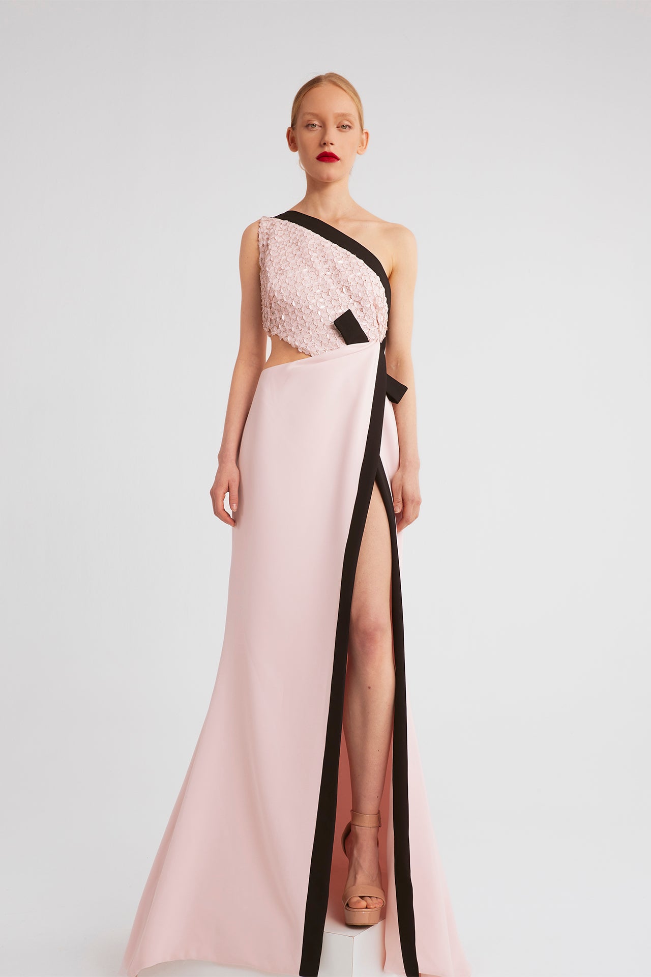 One-Shoulder Dress with Lace Bodice and Ribbon Detail – M.R DESIGN