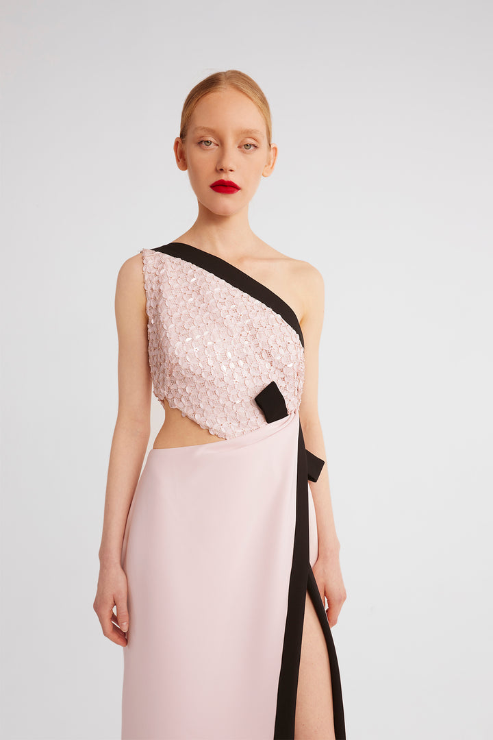 One-Shoulder Dress with Lace Bodice and Ribbon Detail