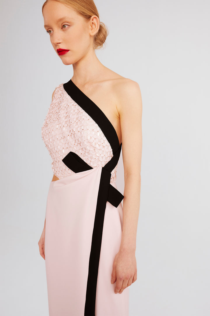 One-Shoulder Dress with Lace Bodice and Ribbon Detail