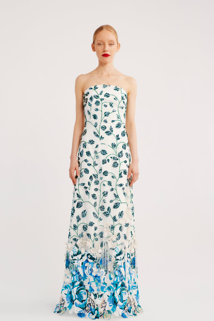 Strapless A-Line Dress with Border Print Detail