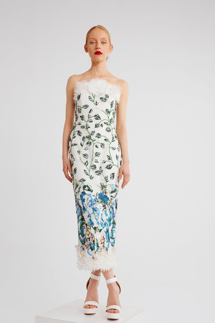 Strapless Midi Dress with Feather Trim and Embroidered Details