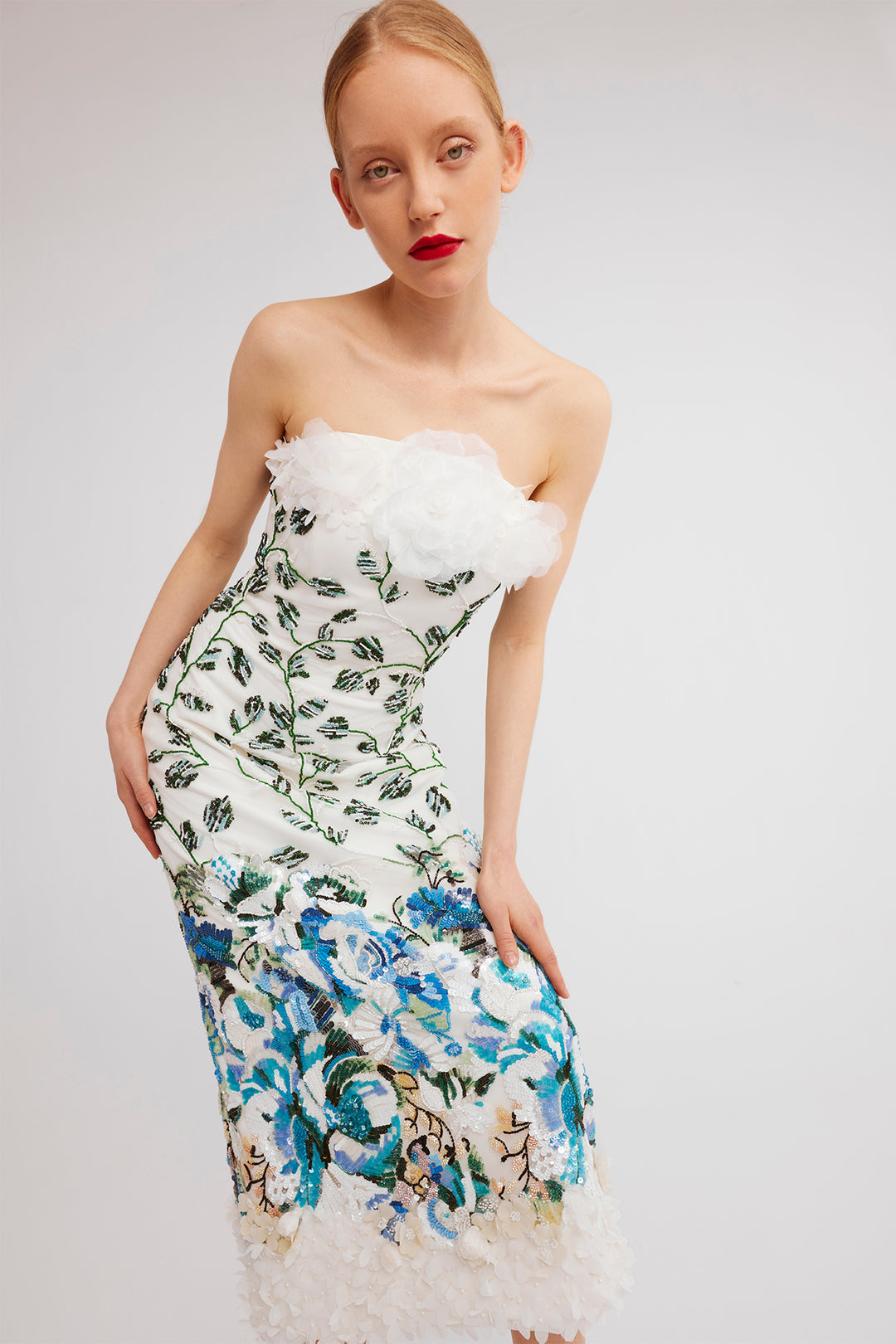 Strapless Midi Dress with Feather Trim and Embroidered Details