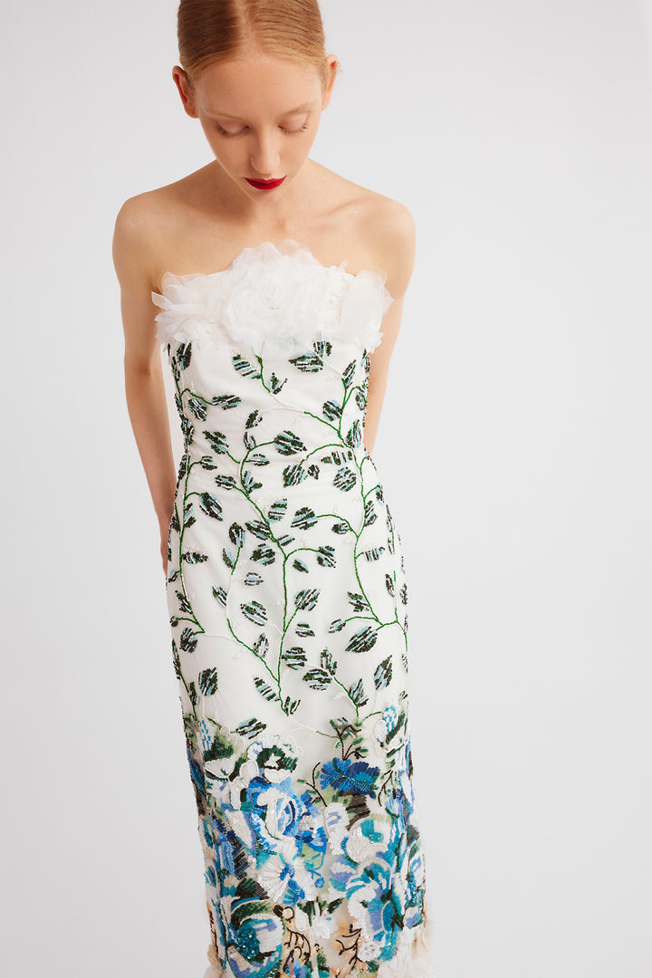 Strapless Midi Dress with Feather Trim and Embroidered Details