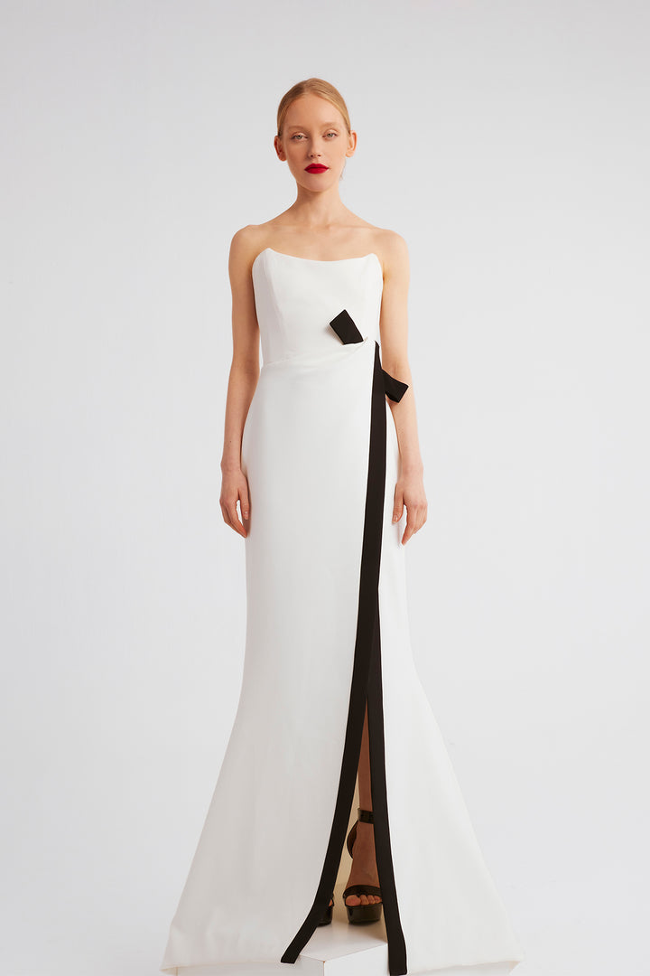 Strapless Fitted Dress with Side Slit and Bow Detail