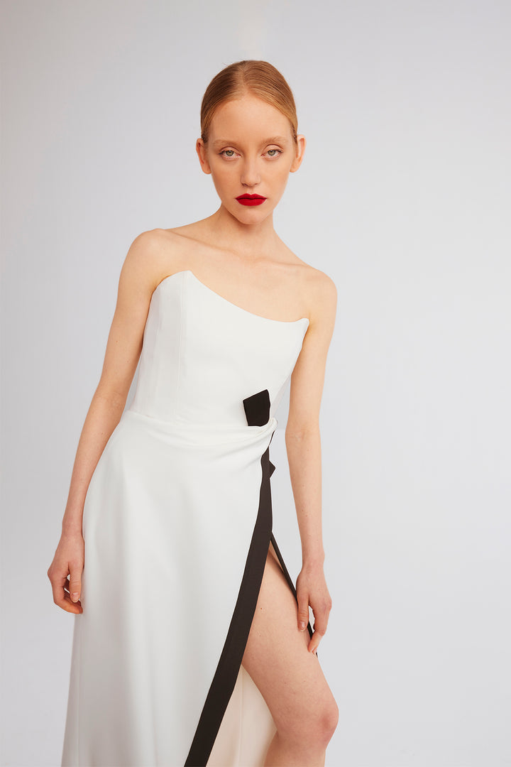 Strapless Fitted Dress with Side Slit and Bow Detail