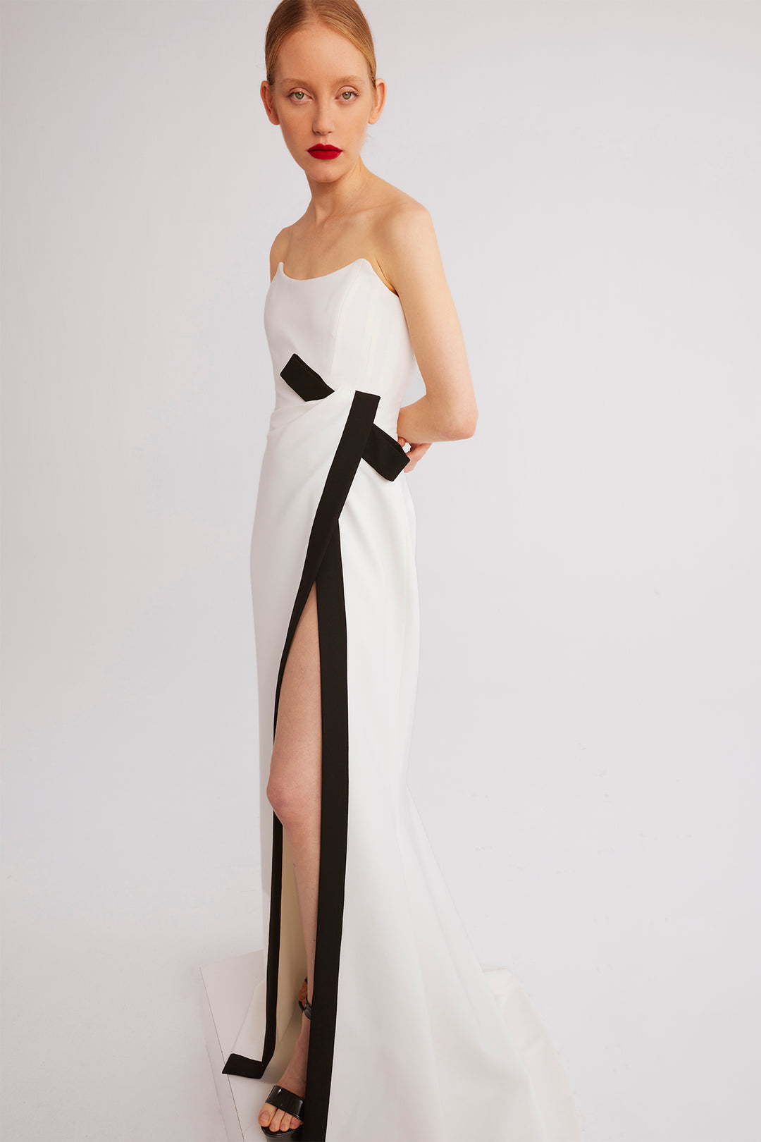 Strapless Fitted Dress with Side Slit and Bow Detail