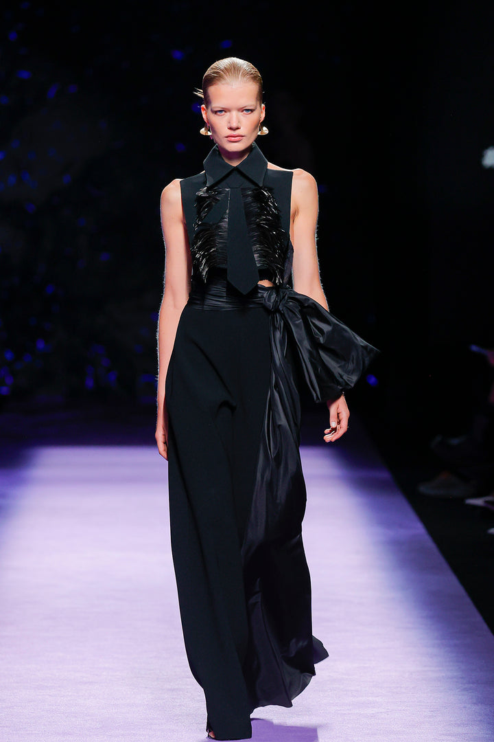 Feathered Trim Top and Floor-Length Trousers