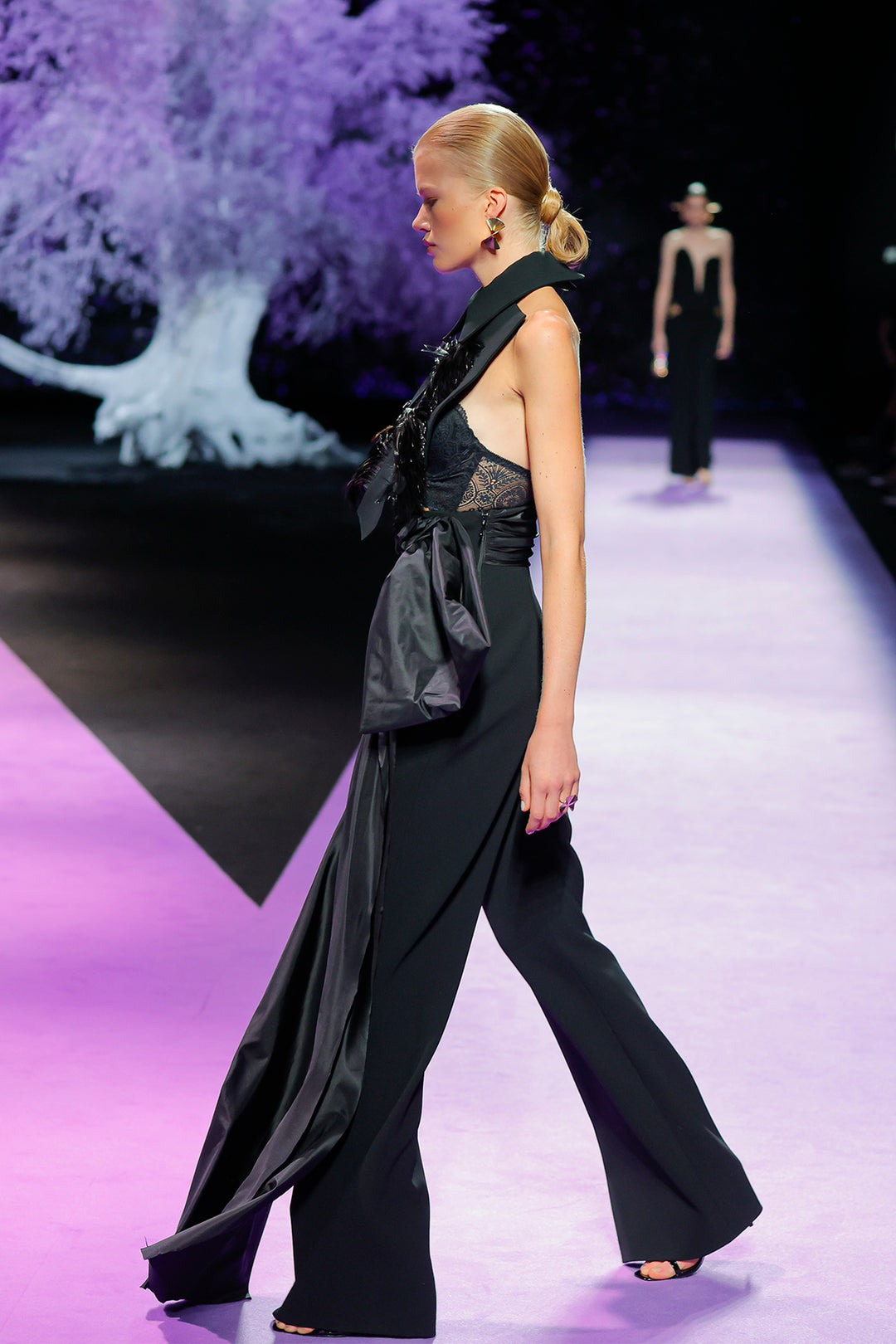 Feathered Trim Top and Floor-Length Trousers