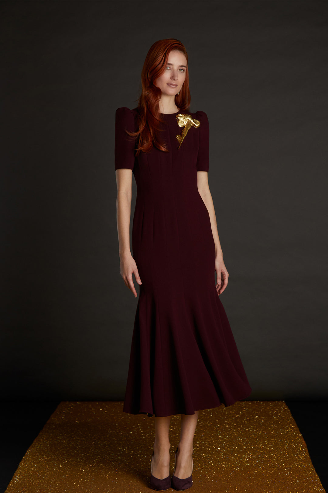 Short Sleeves Crepe Dress Burgundy / US 4 Short Sleeves Crepe Dress Burgundy / US 4