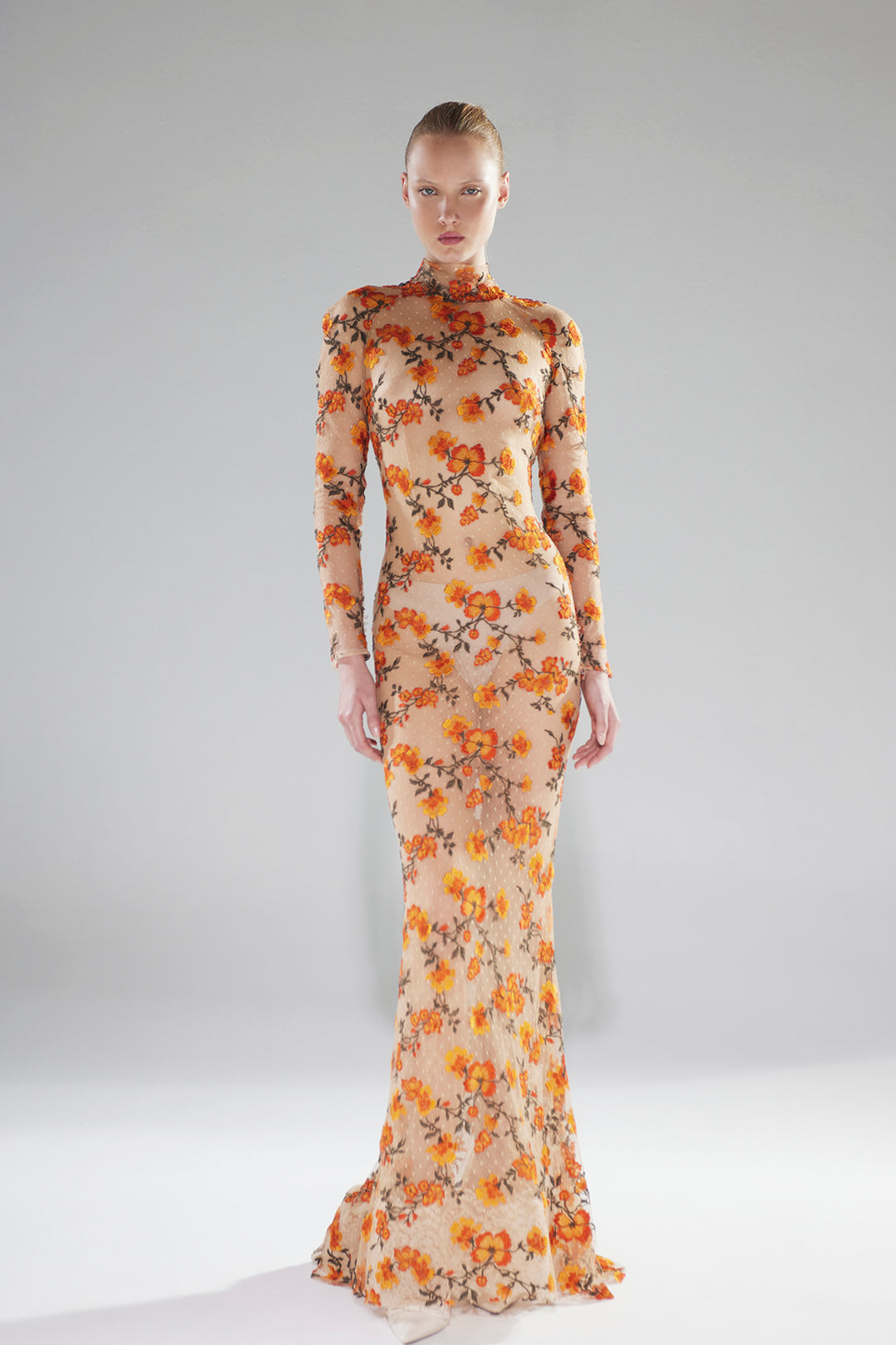 orange column dress boohoo Women's Tropical Print Column Maxi Dress