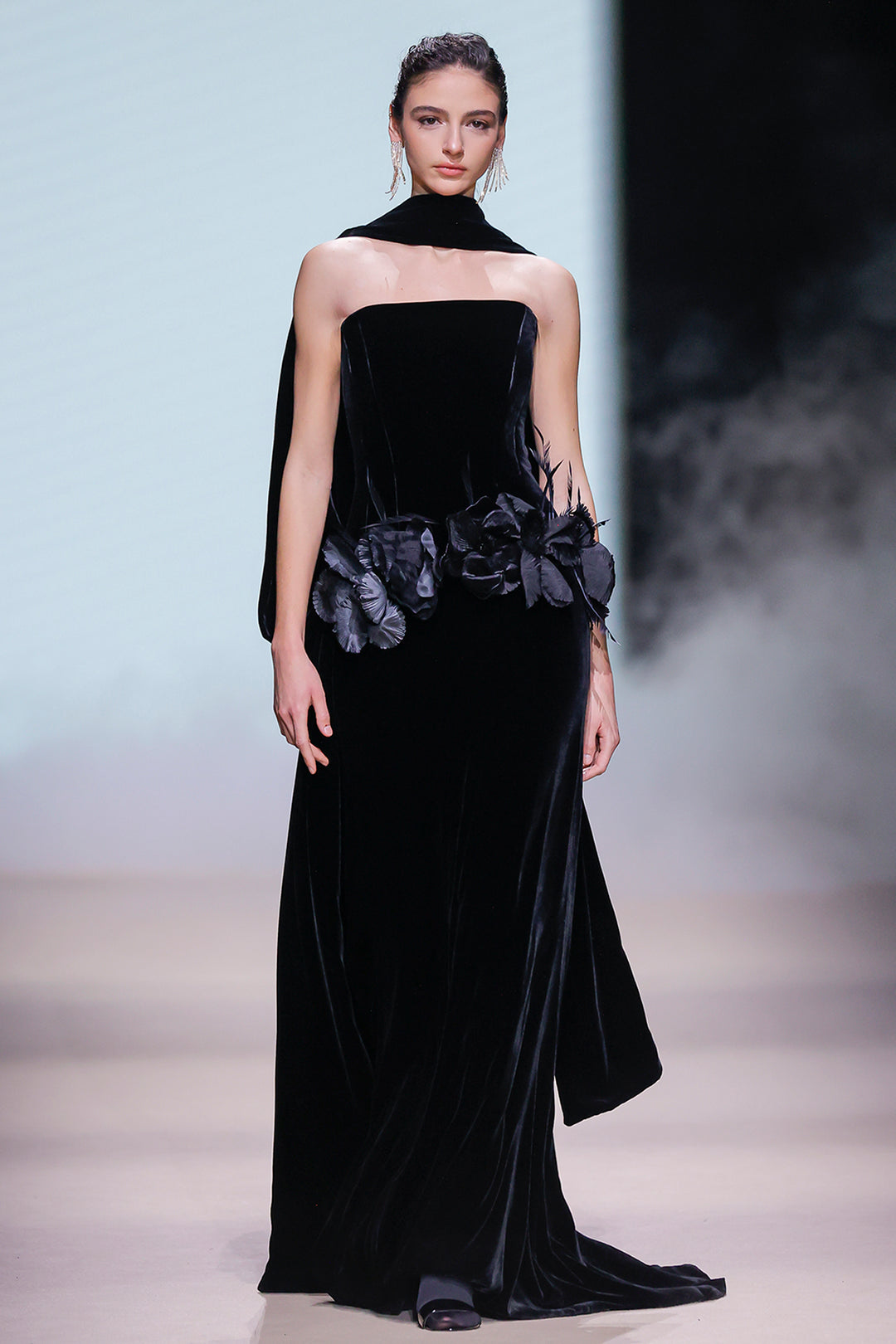 Strapless Floral Appliqué with Column Dress and Cape