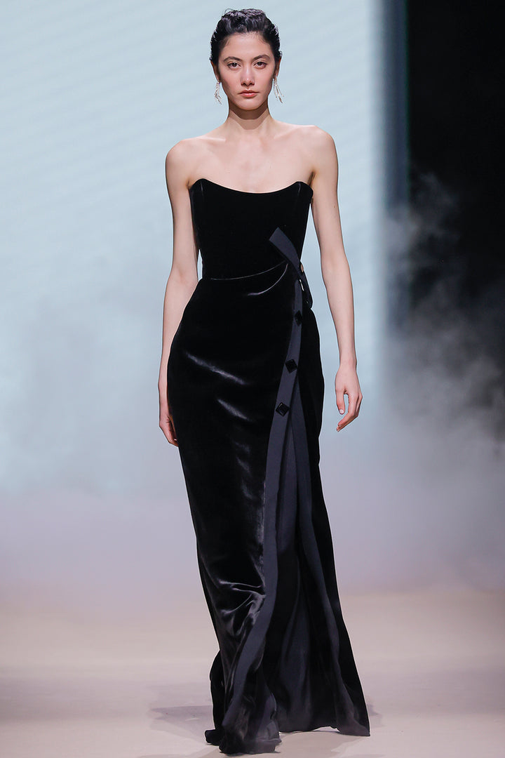 Strapless Velvet Draped Dress with Side Slit