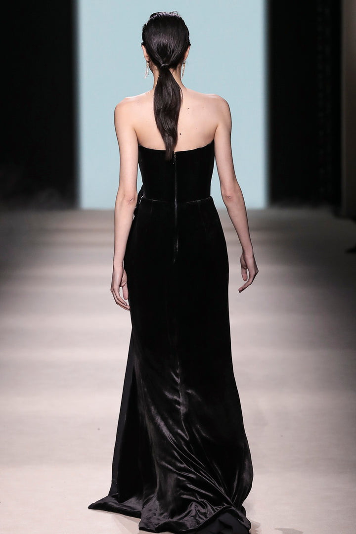 Strapless Velvet Draped Dress with Side Slit