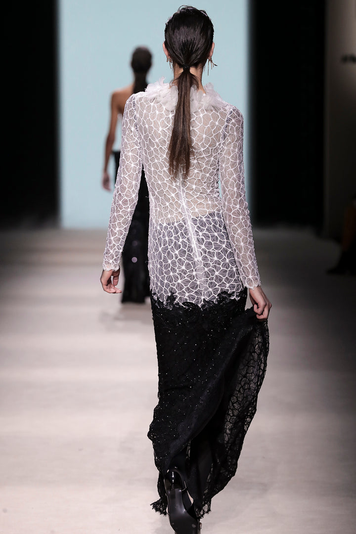 Geometric Lace with Sequin Mesh Column Dress
