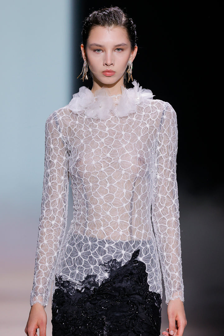 Geometric Lace with Sequin Mesh Column Dress