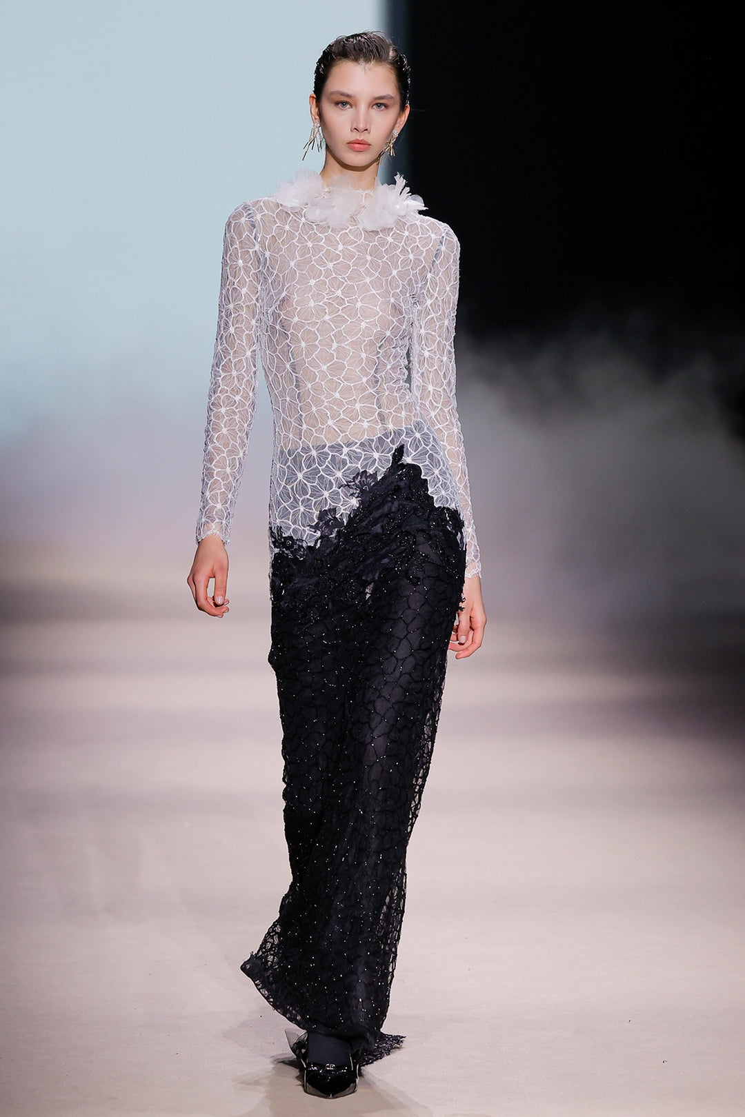 Geometric Lace with Sequin Mesh Column Dress