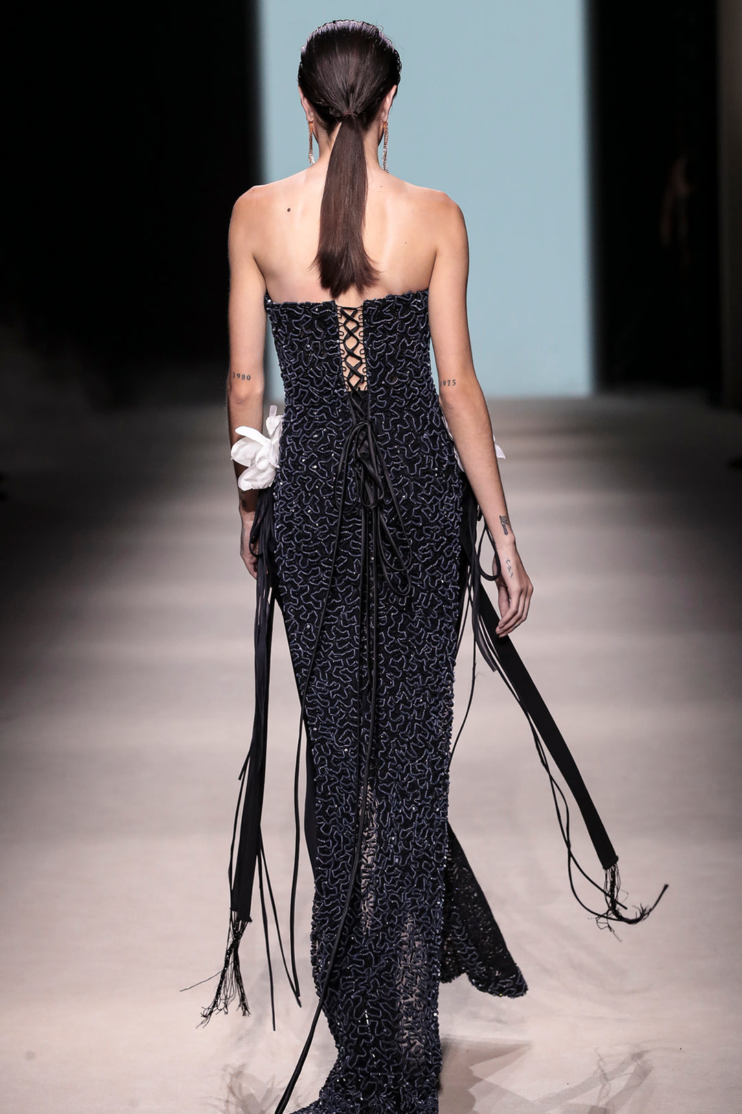 Strapless Sequin Mesh with Column Dress and Floral Ribbons