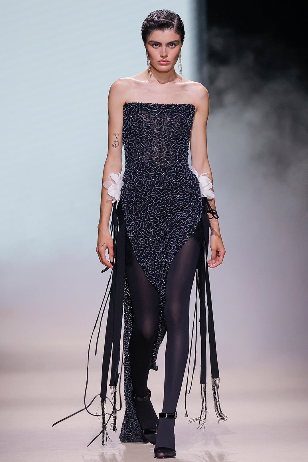 Strapless Sequin Mesh with Column Dress and Floral Ribbons