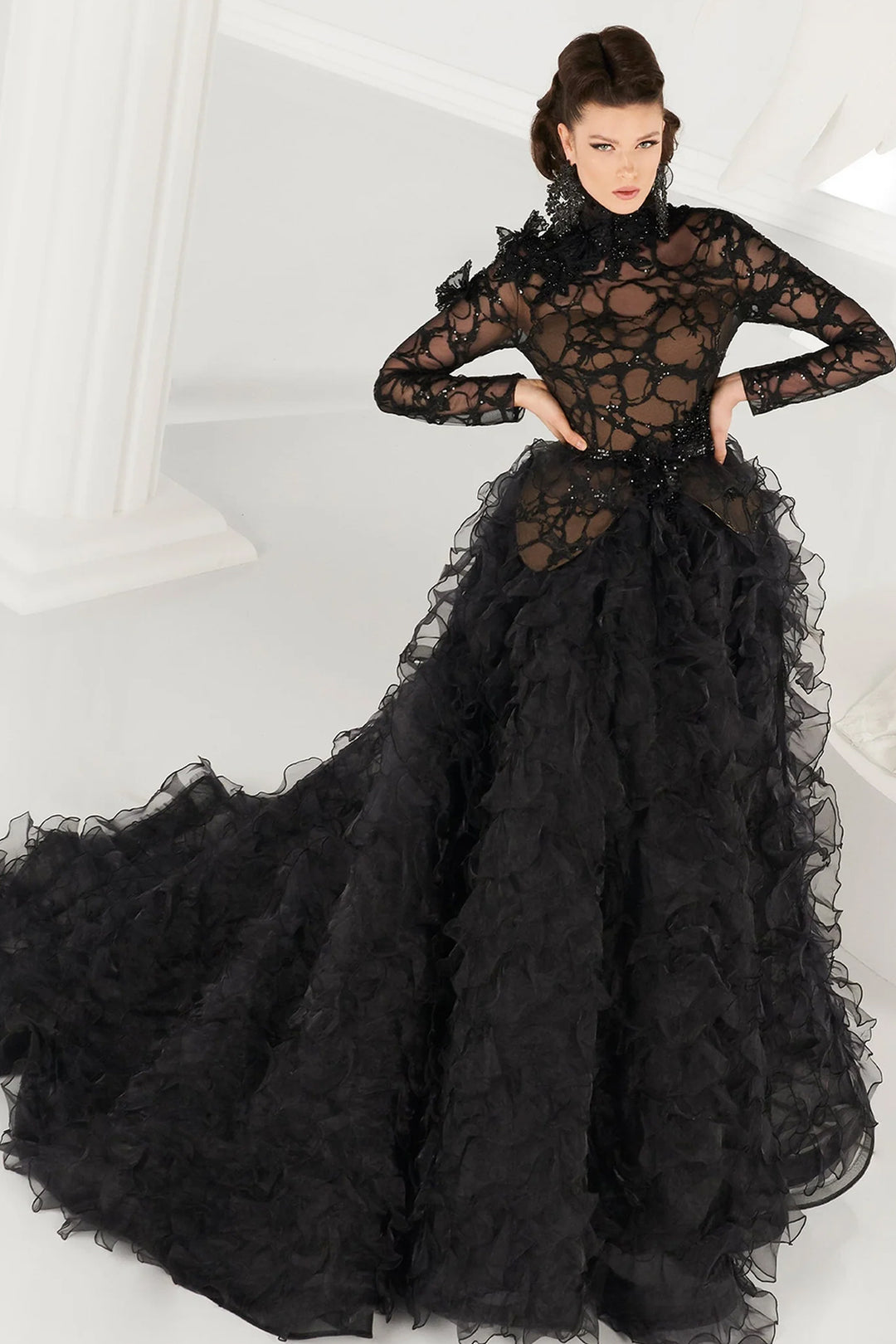 High-Neck Lace with Beaded Ruffled Ball Dress